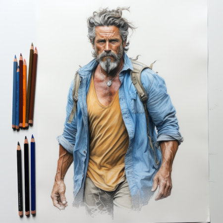 the male subject in this pencil sketch stands in full body view, against a white background. the artist has expertly captured intricate details, creating a photo-realistic image that pops with color. ai generatedの素材