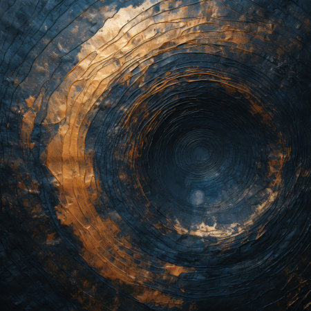 a textured blue and gold circular image with a gold border, showcasing dramatic atmospheric perspective. the image features dark black and orange tones, highlighting industrial and technological subjects. it incorporates crystalline and geological forms, achieved through focus stacking. the composition is reminiscent of a spiral group, with elements reminiscent of the unreal engine. ai generatedの素材