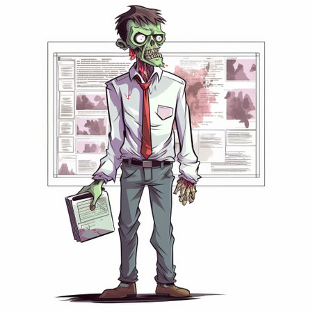 zombie financial analyst illustration featuring a spooky creature in professional attire. the image showcases the undead character in a full-body pose against a plain white background. ideal for financial industry-themed designs and halloween projects. ai generatedの素材