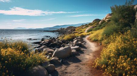 the photo captures a vibrant shoreline hiking trail with a beautiful mix of yellow, blue, pink, and black hues. strong shadows and golden light enhance the pastel colors, creating a poetcore-inspired scene resembling an award-winning illustration. the high-quality, high-detail image showcases the landscape in a style reminiscent of ferrania p30 film, with a zoom lens perspective similar to works by ansel adams and andrew tischler.の素材