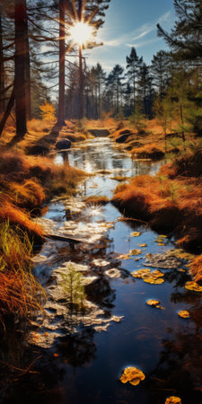 autumn morning scene with a raging stream flowing through a picturesque landscape. the image captures the lens flare effect and features elements of forestpunk and sparkling water reflections. shot with a carl zeiss distagon t 15mm f/2.8 ze lens, the photo showcases a blend of light brown and orange hues. the composition combines realism with fantasy elements, creating a painterly style. ai generatedの素材