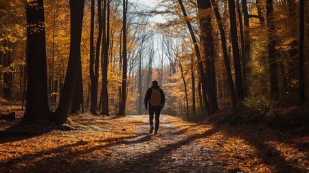 a person walks down a forest path during autumn, surrounded by the warm hues of light orange and dark bronze. the scene exudes a working-class empathy and relatable personality, reminiscent of campcore and humanistic empathy. the aesthetic captures the essence of kodak gold 200 and evokes a sense of dutch genre scenes. ai generatedの素材