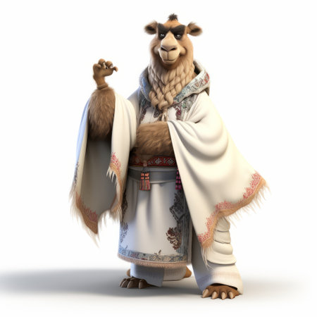 cartoon camel wearing a kimono, depicted in a 3d render with a full-body view. the whimsical animal is set against a simple white background, adding a playful touch to the scene. this unique artwork combines elements of asian culture with a fun and imaginative twist. ai generatedの素材