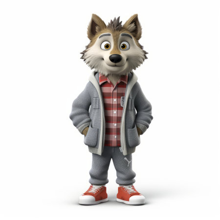 this 3d render features a cartoon wolf in a cardigan outfit, showcasing the full body on a plain white background. the playful design captures the whimsical essence of the character, making it a charming addition to any project or presentation. ai generatedの素材