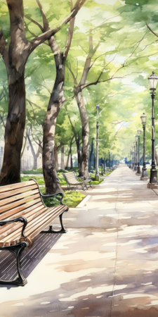 seventeenth alley in a sunny park captured in a hyper-realistic watercolor style, showcases intricate details of the vibrant foliage and serene atmosphere. the unique play of light and shadows brings out the charm of the alley, making it a stunning piece of art that evokes a sense of tranquility and beauty. ai generatedの素材