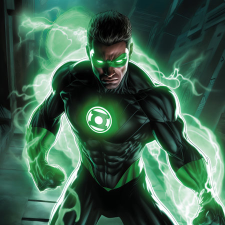 the green lantern in action, fighting criminals with lethal methods. digital illustration with intense action style, dynamic details. explosive lights, harsh shadows. colors include red, black, and white. close-up composition capturing the intense action. keywords: green lantern, action, digital illustration, intense, dynamic, colors, composition. ai generatedの素材