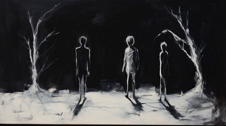 this 1960s hand-drawn impressionism print features friends with the dead in a simple, bold design. the artwork showcases stark high contrast with heavy shadows using tempera technique. the iconic imagery stands out against the black background, creating a striking and impactful composition. ai generatedの素材