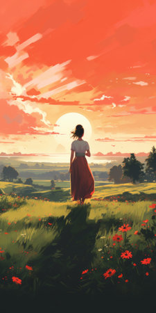 ivan camille corot's illustration painting showcases vibrant grassy fields, magical lighting, and a majestic sunrise in a japanese rural setting. the artwork embodies a pop art deco style, with stylization inspired by atey ghailan and alena aenami. ai generatedの素材