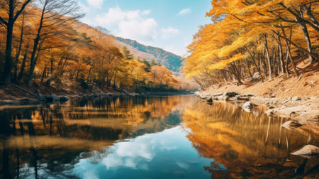 a stunning photo of fall walks along the wolding river in korea and hancheongnam. this captivating image showcases reflections and mirroring, with nature-inspired motifs in shades of light green and green. captured with a nikon f2 camera in 32k uhd resolution, this eye-catching composition is a testament to the skill of the professional photographer. a perfect addition to any collection, courtesy of unsplash's manapunk. aiの素材