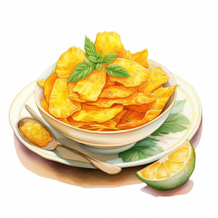 a plate of crispy melon and chips depicted in a hyper-realistic watercolor clipart image. the detailed golden batter and tender melon are brought to life against a white background with whimsical touches. bold shades of yellow and brown enhance the comforting nature of this classic fast food dish. ai generatedの素材