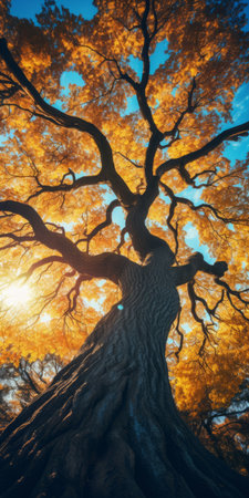 a photo of a park, showcasing a magnificent old tree with blue and yellow leaves. the upshot captures the tree from a bottom-up perspective, emphasizing its grandeur and intricate details. the skyward view adds to the ethereal atmosphere, creating a fantasy-like scene during the golden hour. ai generatedの素材