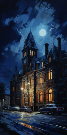 old navy-painted police station at night, driving past the historic building. the dark blue facade exudes an air of the past, embodying romanticism. the nighttime setting adds mystery and nostalgia to the scene, creating a blend of history and modernity. ai generatedの素材