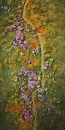 an aerial shot captures a flower road adorned with vibrant purple flowers. this stunning photograph showcases the artistic style of australian tonalism, with its multilayered textures reminiscent of scottish landscapes. the photorealist details bring the scene to life, while the colorful washes add depth and dimension. the overall composition resembles a miniature diorama, reminiscent of detailed hunting scenes. ai generatedの素材