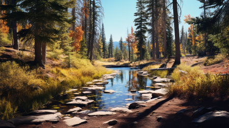 the pond hiking trail is a vibrant blend of yellow, blue, pink, and black hues, casting strong shadows under the golden light. this award-winning illustration captures the essence of poetcore with high-quality detail reminiscent of ferrania p30 film. the zoom lens creates a composition worthy of ansel adams and andrew tischler, perfect for nature enthusiasts. ai generatedの素材