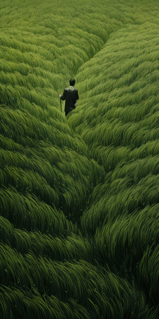 a man walks through a grass field, surrounded by detailed foliage, in a surreal illustration style reminiscent of optical illusion paintings and contemporary chinese art. this captivating scene is rendered in cinema4d, showcasing a dark green color palette and a sense of gigantic scale. ai generated