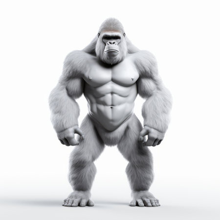 plastic cartoon gorilla rendered in 3d on a white background. this full-body illustration captures the playful essence of a gorilla with exaggerated features and vibrant colors. perfect for adding a fun and whimsical touch to any project or design. ai generatedの素材