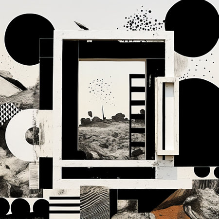 outsider art black and white background textures in cutout collage style, featuring detailed realism and enhanced textures. the composition follows the rules of thirds and golden ratio, creating a visually striking abstract design. the 32k resolution showcases intricate details in the cadre cutout collage background. ai generatedの素材