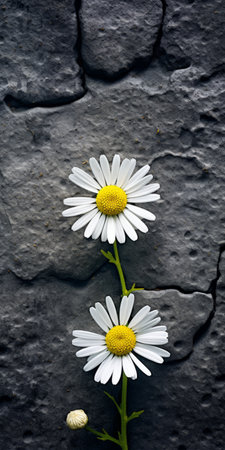 chamomile flowers gracefully bloom on a bed of black shingle, captured in a tabletop photography style. the visually tactile surfaces of the sustainable design create an intriguing contrast against the dark gray and black backdrop. the soft focus adds a touch of dreaminess to this captivating image taken with a voigtlander bessa r2m camera. ai generatedの素材
