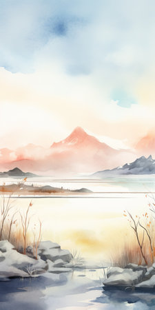 serene tundra artwork featuring an abstract watercolor technique with a minimalist approach. neutral hues converge in this 8k uhd resolution image, exuding tranquility and elegance. perfect for environmental art enthusiasts seeking a calming portrayal of the stark beauty of the tundra landscape. ai generatedの素材