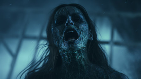 the siren in this photo exudes extreme realism, resembling a terrifying extraterrestrial being. the cinematic still captures the horror of this breathtaking creature with striking lighting. this horrorcore image is truly spine-chilling. ai generatedの素材