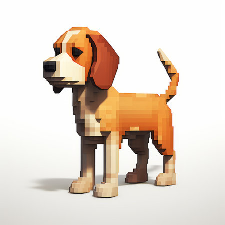 this 3d representation showcases an 8-bit pixelated cartoon of a beagle, featuring the adorable canine's full body in a charming retro style. against a crisp white background, the intricate details and vibrant colors bring this pixelated beagle to life, creating a whimsical and nostalgic aesthetic. ai generatedの素材
