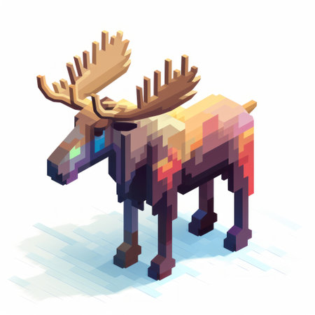 a 3d 8-bit pixel cartoon of a moose is depicted in full body on a white background. the retro-inspired pixelated design adds a nostalgic touch to this charming image, bringing to life the iconic moose character. perfect for fans of classic video game aesthetics and cute animal illustrations. ai generatedの素材
