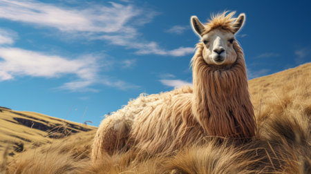 a llama peacefully resting on a rock surrounded by tall grass under a clear blue sky. the serene scene captures the essence of nature and tranquility. the llama is comfortable in its surroundings while basking in the sunlight, creating a harmonious and picturesque moment in the wild. ai generatedの素材