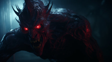 oni, the terrifying apparition from outer space, showcased in an extreme realistic horror cinematic still. the breathtaking lighting enhances the horrorcore vibe of this frightful image. ai generatedの素材
