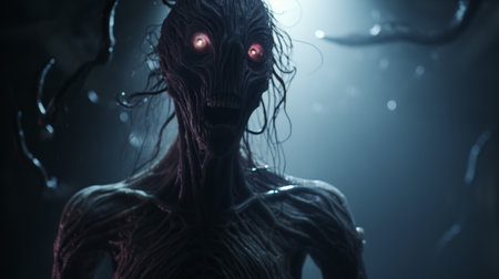 lamia, a terrifying extraterrestrial being with hyper-realistic features, captured in a bone-chilling cinematic still. the eerie lighting enhances the horrorcore aesthetic, delivering a truly frightening and otherworldly image. ai generatedの素材