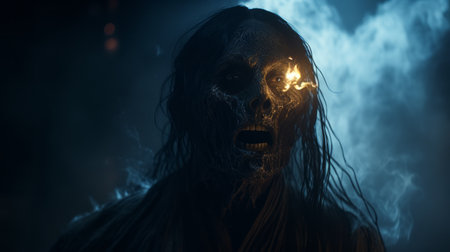 djinn, terrifying apparition with extreme realistic features, emerges from outer space in this horror cinematic still. the breathtaking lighting intensifies the horrorcore ambiance of the scene, creating a truly frightening experience for viewers. ai generatedの素材