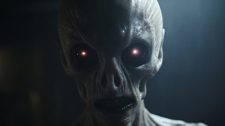 alien with extreme realistic features, the most terrifying apparition from outer space, horror cinematic still. frightening creature with breathtaking lighting. horrorcore theme and chilling atmosphere in this spooky extraterrestrial photo. ai generatedの素材