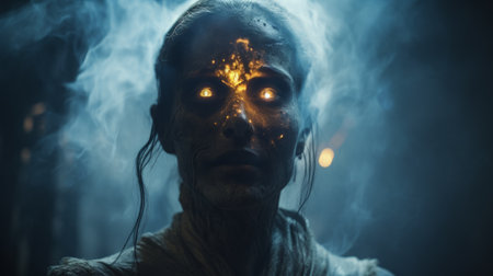 djinn with extreme realistic features looms in a horror cinematic still, emanating a terrifying aura as if from outer space. the breathtaking lighting enhances the horrorcore vibe, making it a truly spine-chilling sight to behold. ai generatedの素材