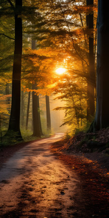 an orange path winds its way through a forest, basking in the warm sunrays of german romanticism. the light amber and brown hues create a captivating scene that earned this photograph recognition as a contest winner. inspired by the dusseldorf school of photography, this 32k uhd image is truly inspirational. ai generatedの素材