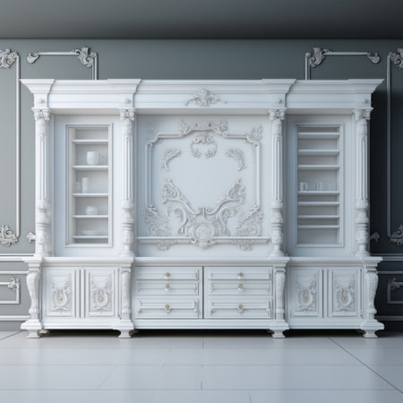 a hutch stands elegantly against a pure white background in this ultra-realistic image by meroni & colzani. the precise height and high detail showcase the craftsmanship of this ux design piece. the solid background adds contrast, and the 16k resolution highlights the virtual engineering expertise behind this stunning furniture design. ai generatedの素材