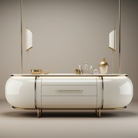 buffet by meroni & colzani, experience design, stands elegantly against a flawless white backdrop. the precise height and ultra-realistic detailing showcase the virtual engineering at its best. the contrast of the solid background enhances the high detail of the buffet, designed with top-notch 16k resolution. ai generatedの素材