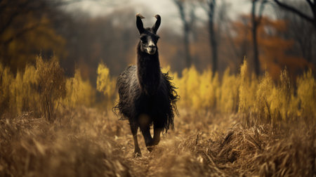 llama running in a wisconsin field, dark fur, no spots, medium frame, 8-point antlers. sharp focus, detailed close-up, centered shot. cinematic color grading, photography, depth of field. high-res details, unreal engine, cinematic lighting, moody lighting, ray tracing, reflections, ambient occlusion, shaders. hyper-realistic, ultra-detailed, photorealistic, 8k quality image. ai generatedの素材