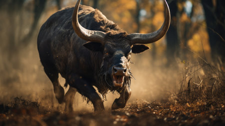 bull with dark fur and no spots running through a tilled wisconsin field. medium-sized body with 8-point antlers, side profile close up in dramatic sharp focus. cinematic shot on 70mm lens with extreme hyper-detailed color grading and intricate details. moody lighting, cinematic effects, and ultra-realistic rendering showcase the beauty in this hyper-realistic photograph. ai generatedの素材