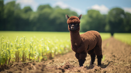 an alpaca with dark fur and no spots running through a tilled wisconsin field in a side profile close-up shot with dramatic sharp focus. the entire body centered on screen frame capturing extreme details, beautifully color-graded with cinematic photography techniques like depth of field, white balance, and beautiful lighting for a hyper-realistic, ultra-detailed visual experience. shot on a 70mm lens with various high-end photography andの素材