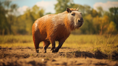 a capybara with dark fur and no spots, a medium-sized body frame, running through a tilled wisconsin field. the side profile close-up shot captures its entire body centered on the screen frame with dramatic, sharp focus and extreme details. the photo is cinematic, color-graded, and shot on a 70mm lens with depth of field and high-resolution details. ai generatedの素材