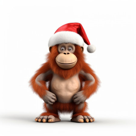 an orangutan wearing a santa hat with a red nose is depicted in this 3d rendering and illustration. the adorable primate is showcased against a plain white background, adding a festive touch to the design. this unique and whimsical image captures the essence of the holiday season in a fun and creative way. ai generatedの素材