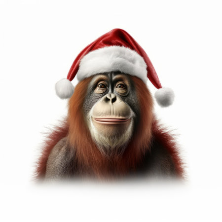 orangutan wearing santa hat with red nose on white background. 3d rendering and 3d illustration of a festive primate in holiday attire. the adorable character adds a touch of whimsy and cheer to any christmas-themed project or design. perfect for holiday promotions, greeting cards, and seasonal decorations. ai generatedの素材