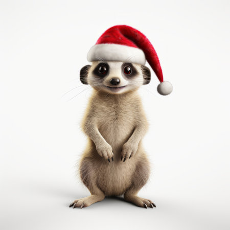 a meerkat wearing a santa hat and showcasing a red nose stands out in this 3d rendering and illustration against a crisp white backdrop. the festive scene comes to life with the playful twist on the adorable meerkat. capture the holiday spirit with this unique and charming image. ai generatedの素材