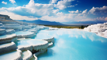 the pamukkale basin in turkiye, captured in a stunning foothills photography, showcases the unique beauty of the white travertine terraces. this mesmerizing landscape combines natural mineral-rich waters, terraces, and ancient ruins, creating a picturesque scene. the pamukkale basin's natural wonder is a must-visit destination for its scenic allure and historical significance. ai generatedの素材