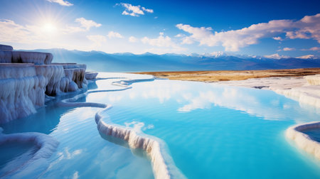the pamukkale basin in turkiye presents a stunning lake view captured in a mesmerizing photograph. the tranquil waters of the lake reflect the surrounding natural beauty, creating a picturesque scene. this serene setting in turkiye is truly captivating and offers a glimpse of the breathtaking landscapes in the region. ai generatedの素材