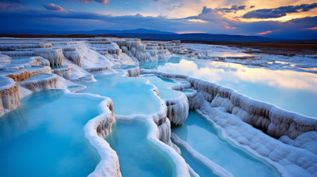 the pamukkale basin in turkiye, captured in stunning lake photography, showcases a breathtaking natural landscape. the tranquil waters reflect the surrounding snow-white travertine terraces, creating a mesmerizing sight. this iconic destination in turkiye offers a unique blend of natural beauty and cultural significance, making it a must-visit location for travel enthusiasts. ai generatedの素材