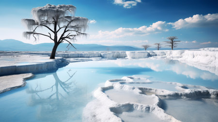 the pamukkale basin in turkiye is a stunning location for grove photography, capturing the natural beauty of the landscape. the lush greenery contrasts with the unique geological formations, creating a mesmerizing scene for photographers to explore and capture. the pamukkale basin in turkiye presents a picturesque setting for capturing grove photography at its finest. ai generatedの素材