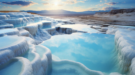the pamukkale basin in turkiye is showcased in stunning bay photography capturing its natural beauty. the mesmerizing landscape features terraces of white mineral deposits formed by thermal waters, creating a unique and picturesque sight. discover the captivating allure of this iconic turkish landmark through this breathtaking image. ai generatedの素材