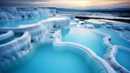 the pamukkale basin in turkiye showcases stunning knoll photography capturing the natural beauty of the unique landscape. the basin's picturesque scenery includes striking white travertine terraces filled with thermal waters, creating a mesmerizing sight. knoll photography beautifully captures the essence of the pamukkale basin, making it a popular destination for nature enthusiasts and photographers alike. ai generatedの素材