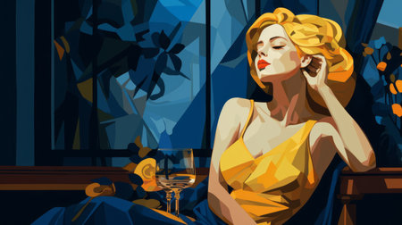 the comic art, influenced by van gogh and matisse, showcases mustard and deep blue pastel tones, geometric shapes, and muted hues. this high-quality illustration boasts a clean and minimal style, presented in 16k resolution with hdr for exceptional detail and clarity. ai generatedの素材