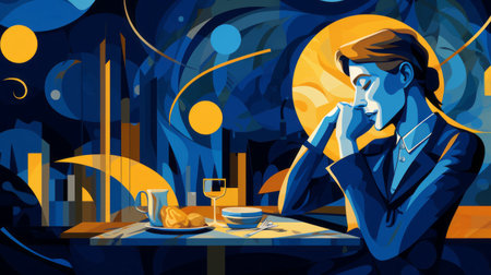 this comic art, inspired by van gogh and matisse, showcases mustard and deep blue pastel tones, geometric shapes, and muted hues. it is of exceptional quality, clean, minimal, and comes in 16k resolution with hdr, merging high-quality digital art, vibrant colors, and artistic inspiration. ai generatedの素材